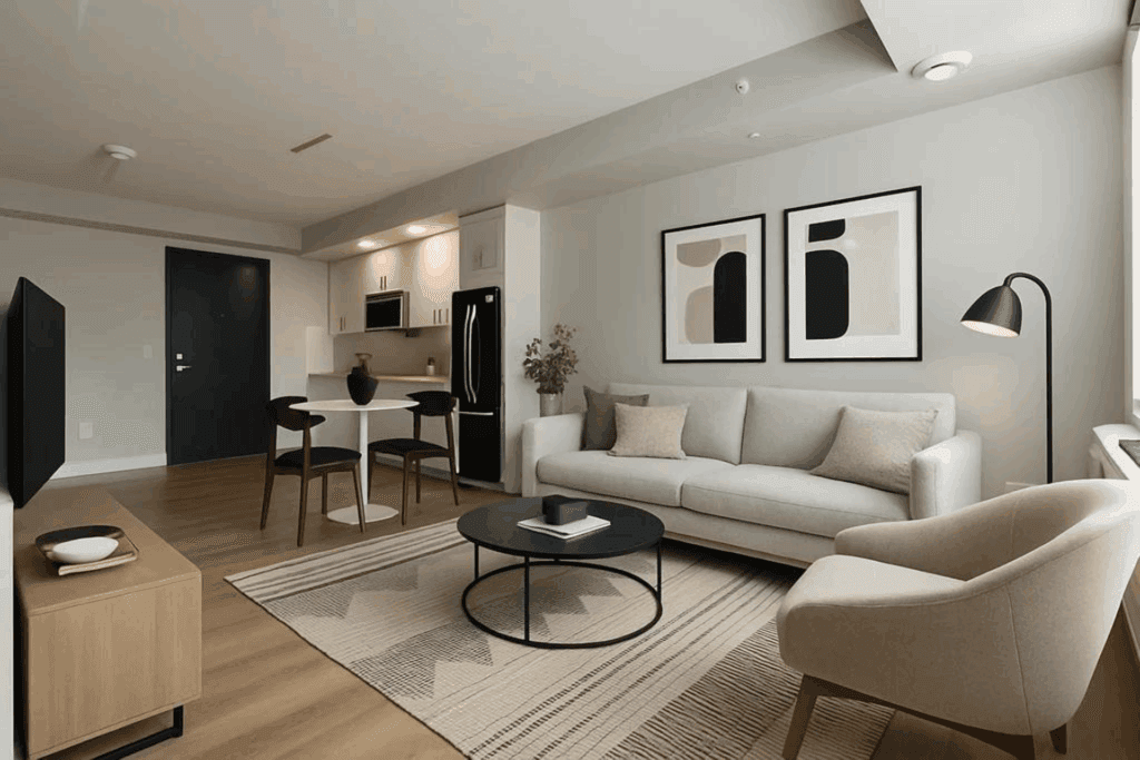 Spacious living and dining area in a Waterview apartment